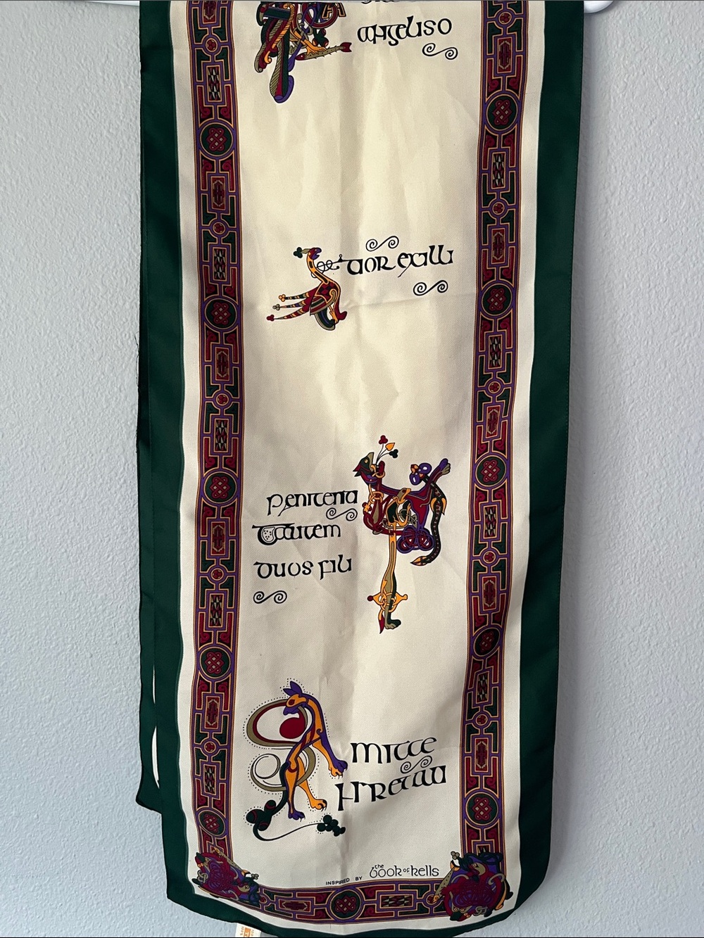Irish Inspired Cream Scarf with Green Border and Multicolor Celtic Motif